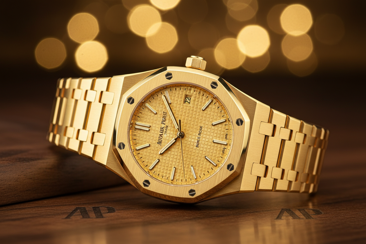 AP WATCH IN GOLDEN COLOUR AND BACKGROUND OF ITS COMPANY VERY BEAUTIFUL GENERATE THE PIC